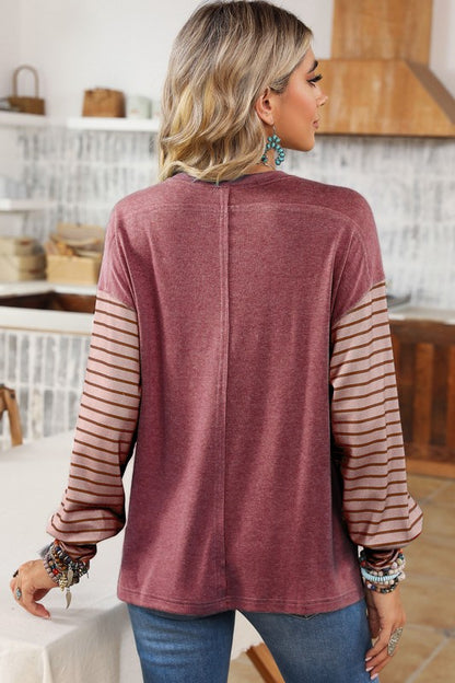 Colorblock Striped Bishop Sleeve Side Slits Top