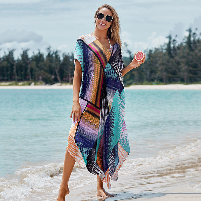 Colorful Floral Block Positioning Floral Robe Loose Maxi Dress Bikini Cover up Sun Protection Shirt Beach Vacation Dress Bella Mia