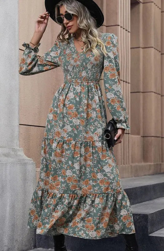 Floral Print Long Sleeve Maxi Dress With High Waist Shirred Silhouette Miss Sparkling