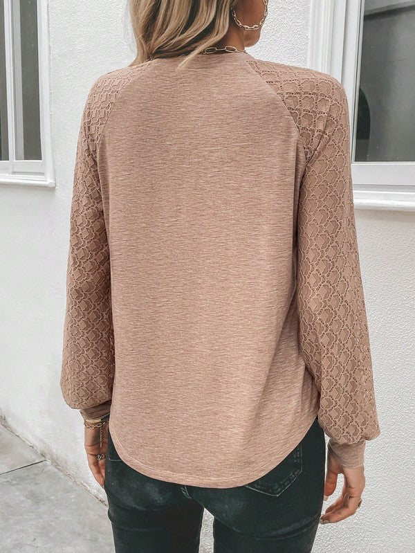 Contrast Lace Raglan Sleeve Plicated Top Coco’s Tee Boutique