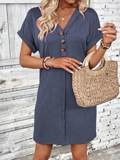 Quarter Button V-Neck Short Sleeve Dress.