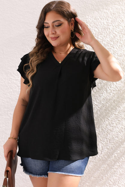 Chic black plus size blouse with ruffled sleeves and v-neck