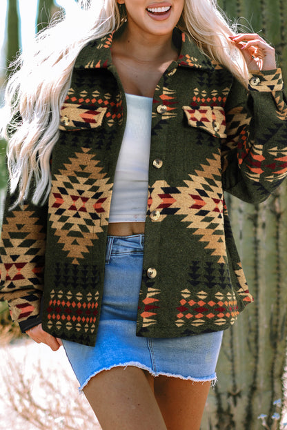 Trendy green aztec shacket with pockets