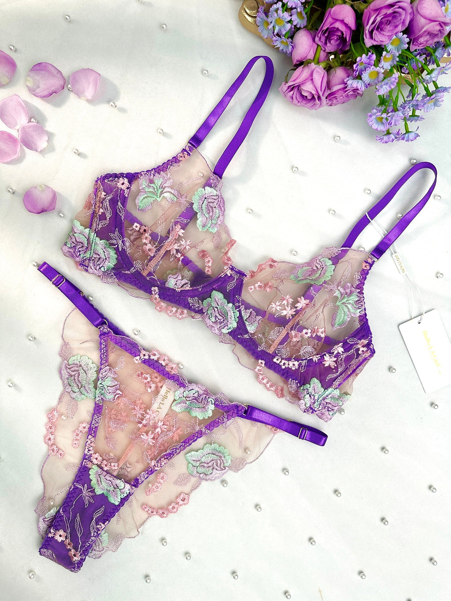 Purple Petal Embroidered Lingerie Set With Floral Lace Hello.LA.Girl