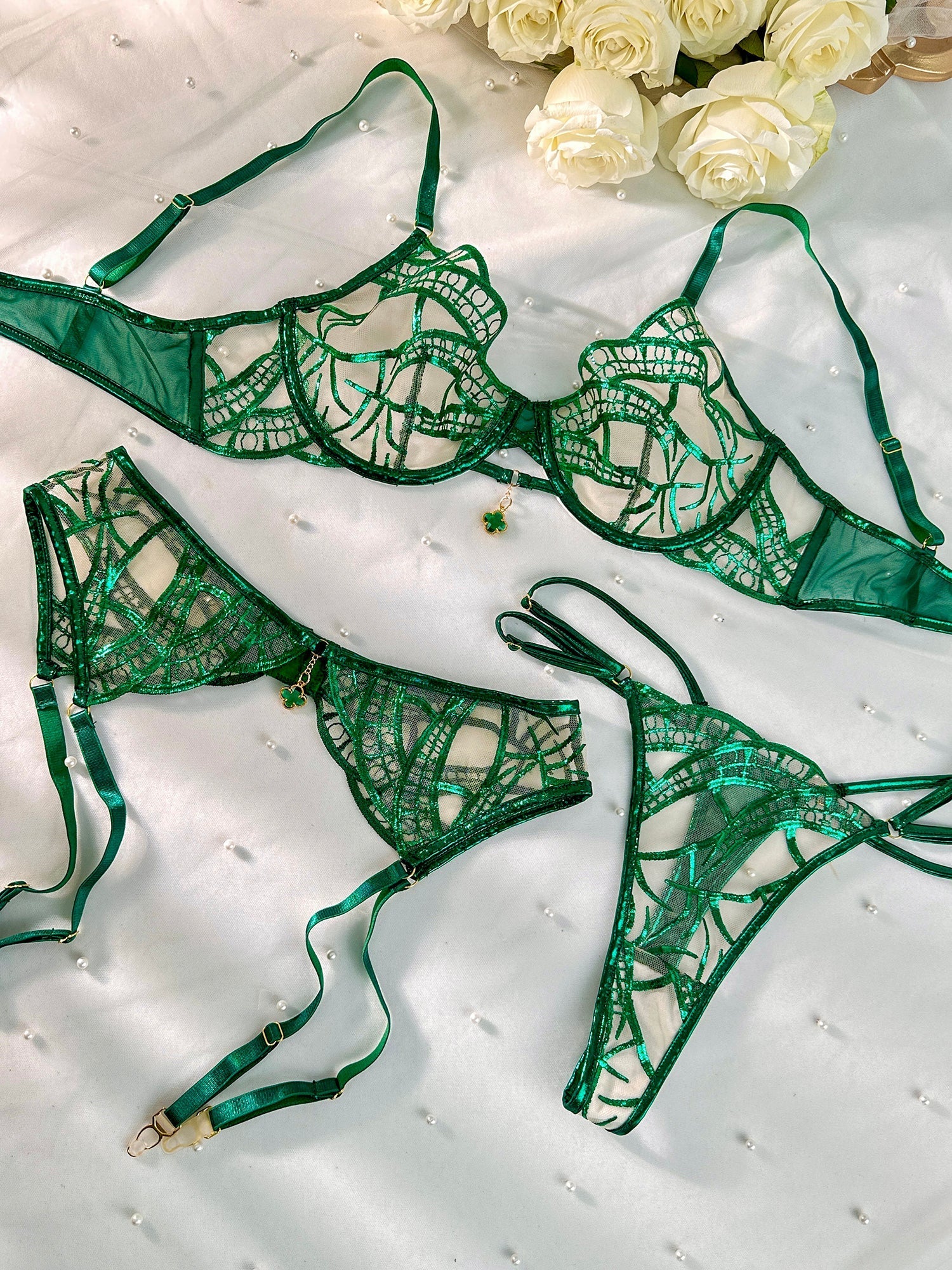 Luxe Emerald Green Metallic Foil Lace Crystal Lingerie Set Hello.LA.Girl