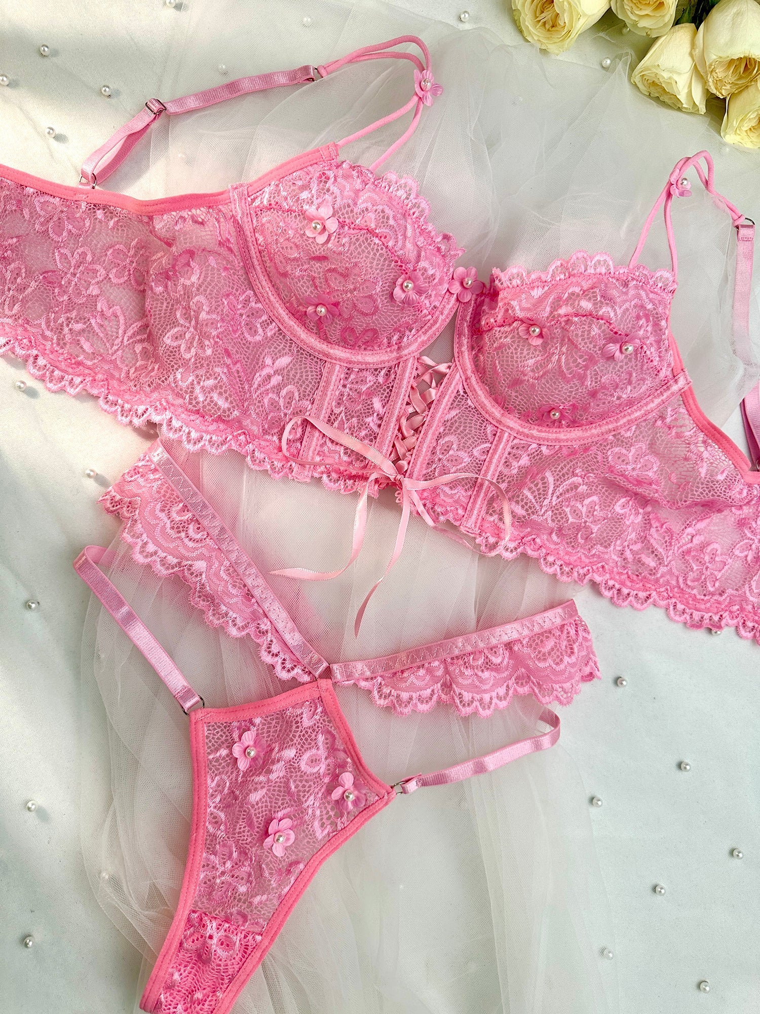 Pink Pearls Floral Lace Lingerie Set Delicate Embroidery Hello.LA.Girl