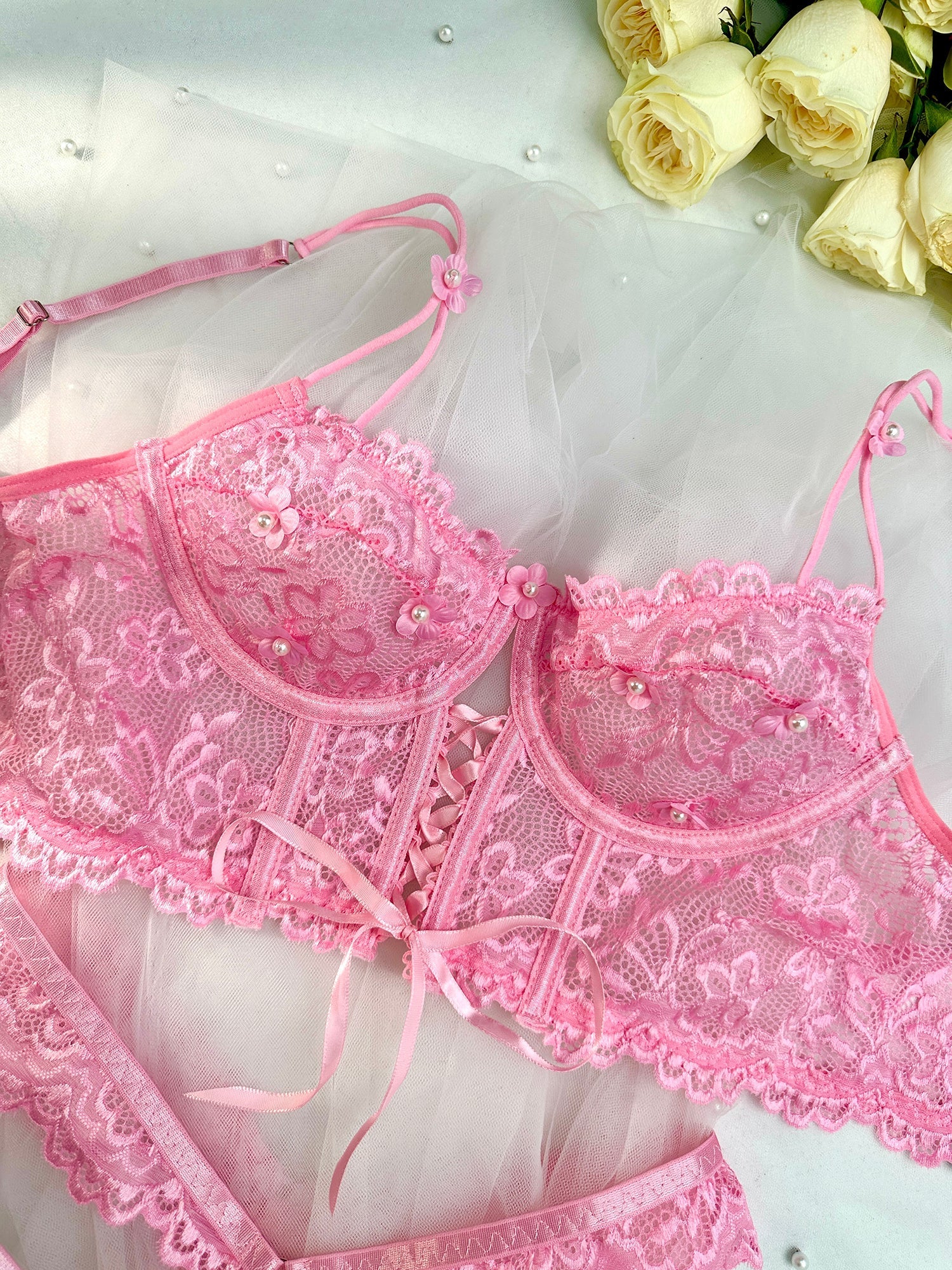 Pink Pearls Floral Lace Lingerie Set Delicate Embroidery Hello.LA.Girl