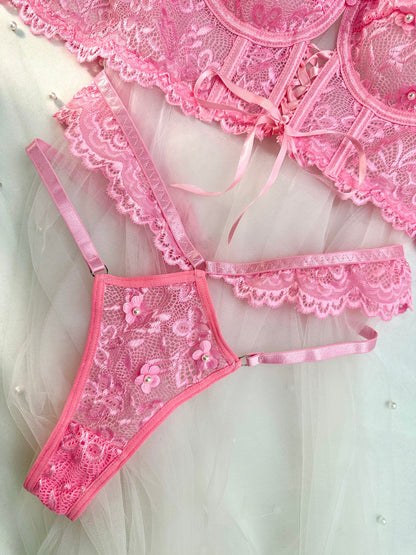 Pink Pearls Small Flower Lace Lingerie Set for Women