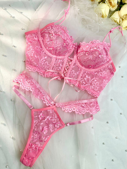 Pink Pearls Small Flower Lace Lingerie Set for Women