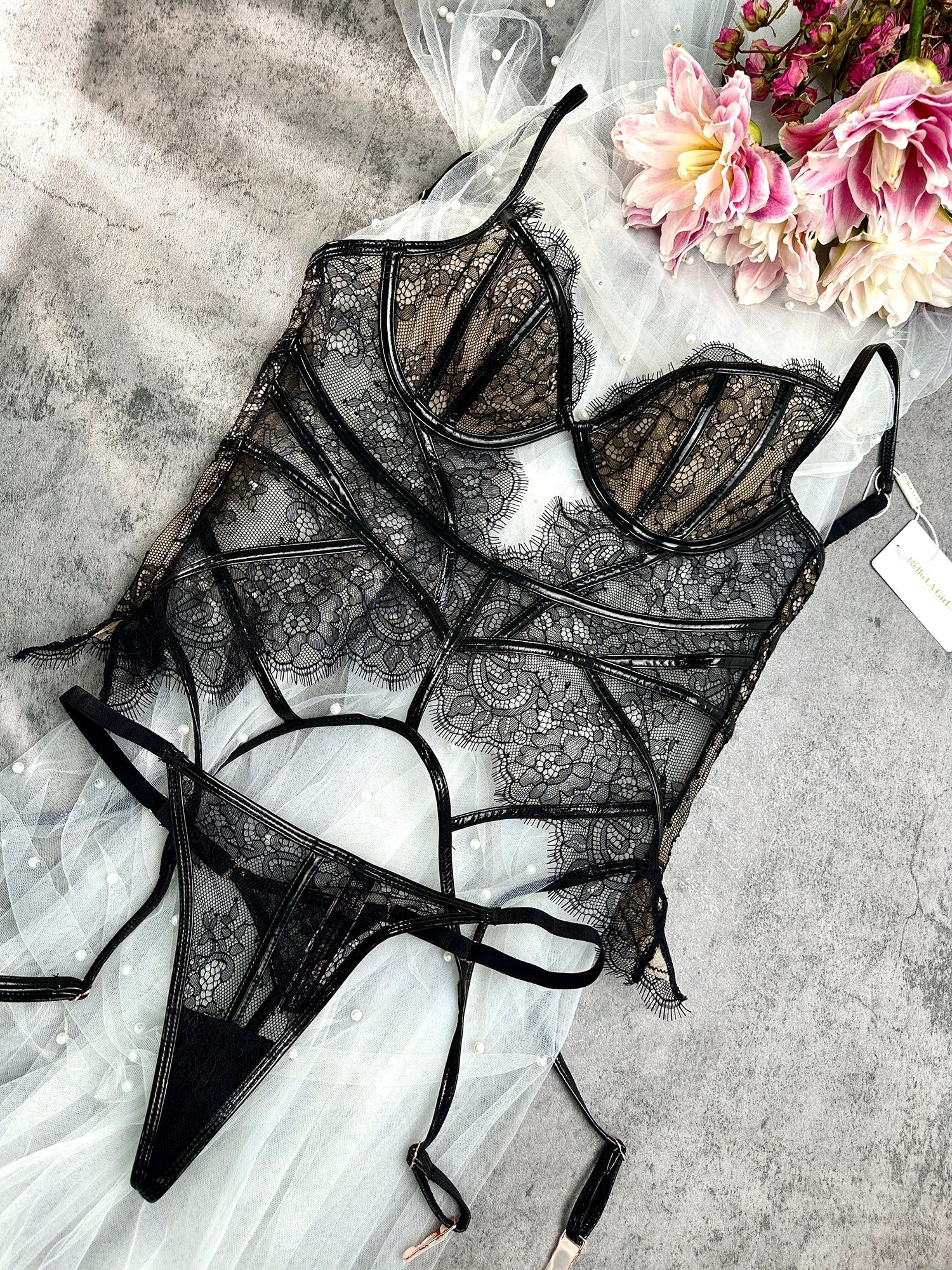Seductive Black Patent Leather Lingerie Set Nightwear Hello.LA.Girl