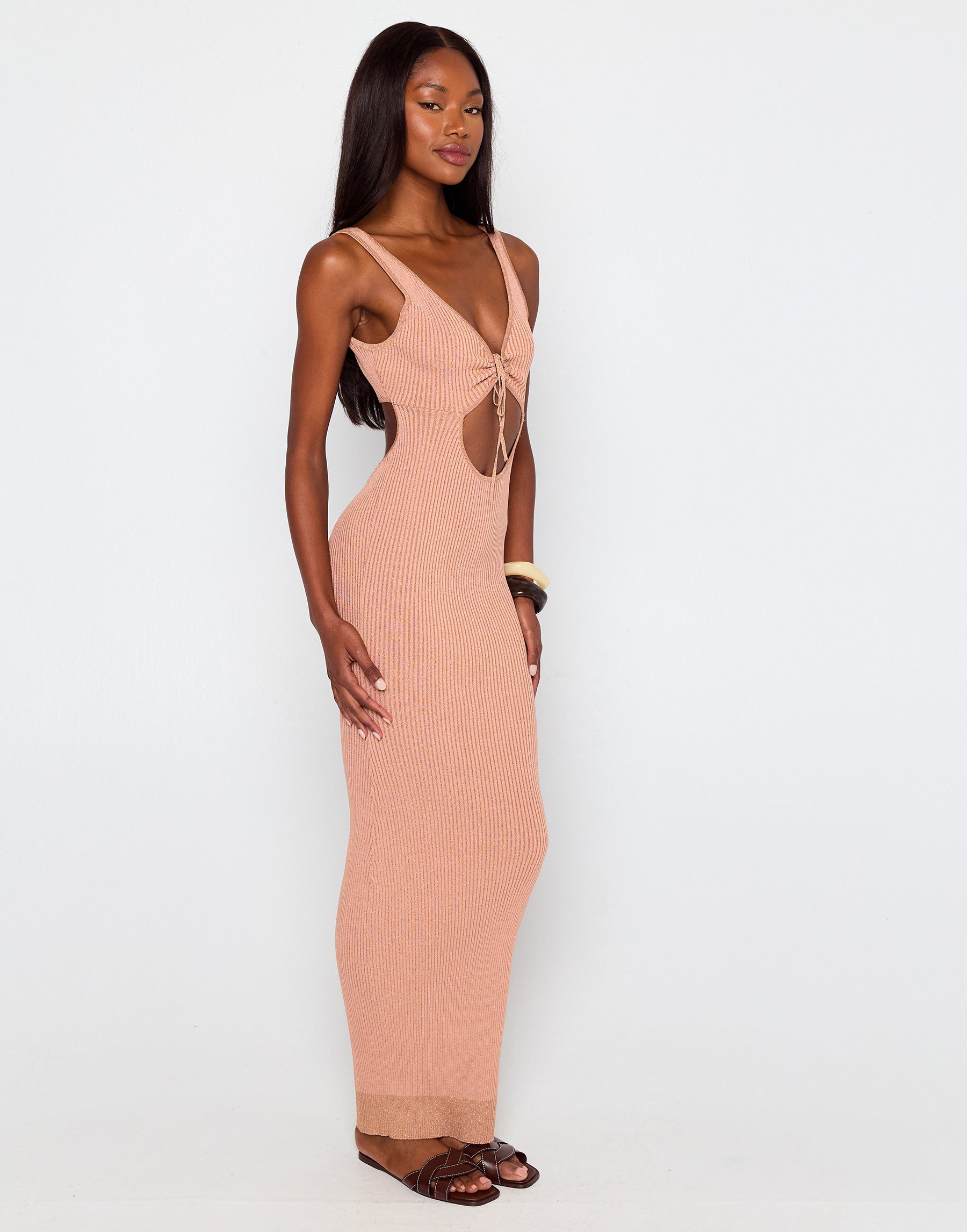 Lennon Copper Ribbed Knit Maxi Dress With Front Cutout Adjustable Bust Tie And Low Back Beach Bunny Swimwear