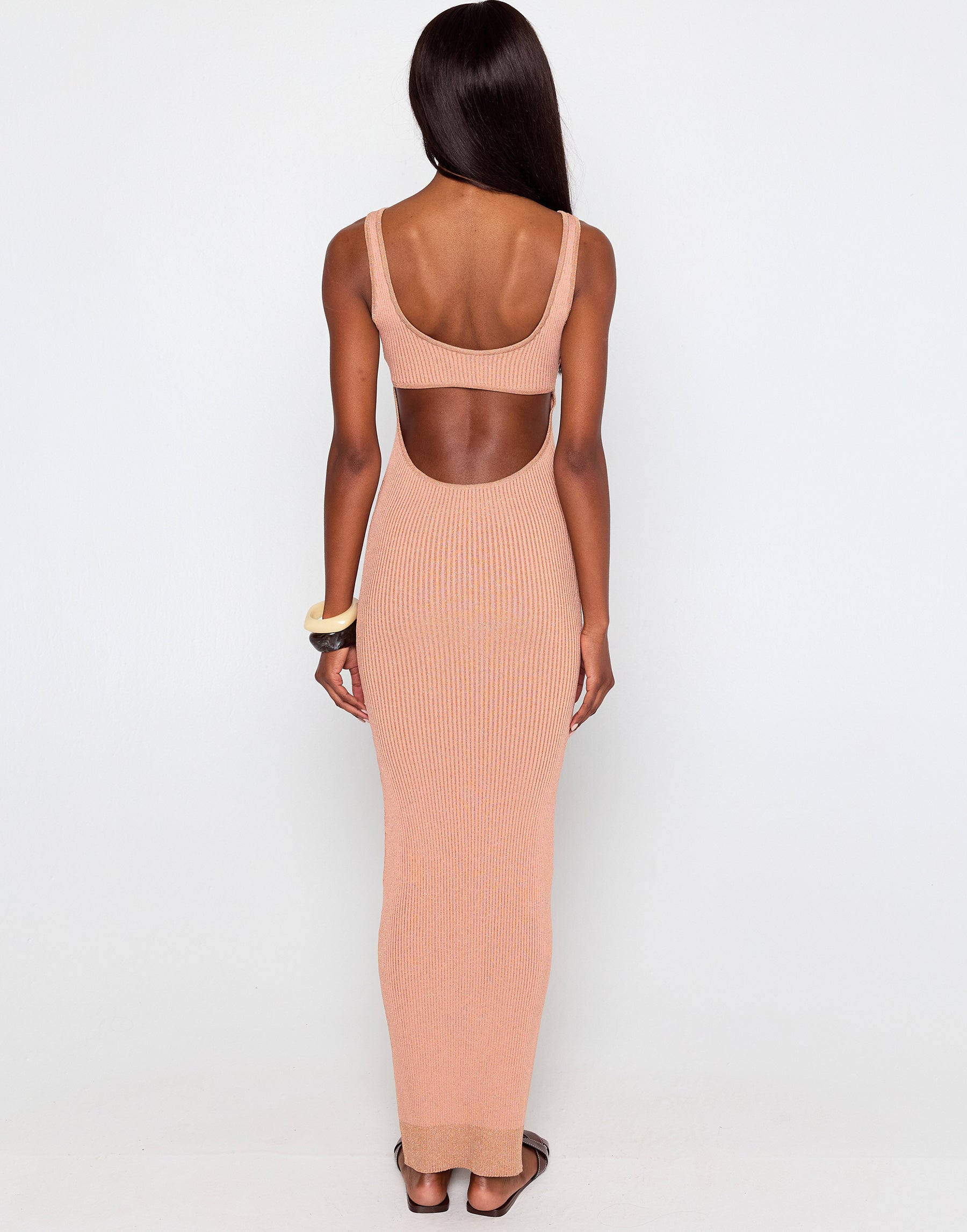 Lennon Copper Ribbed Knit Maxi Dress With Front Cutout Adjustable Bust Tie And Low Back Beach Bunny Swimwear