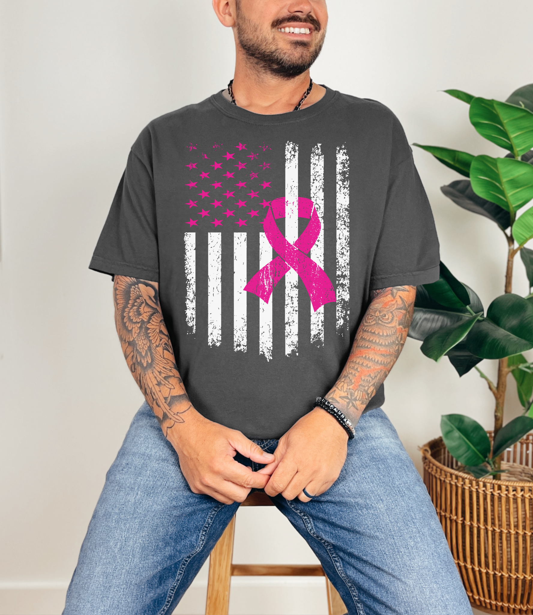 Unisex Breast Cancer Awareness Flag Tee With Distressed US Flag And Pink Ribbon Garment Dyed In Graphite Or Black Coco’s Tee Boutique