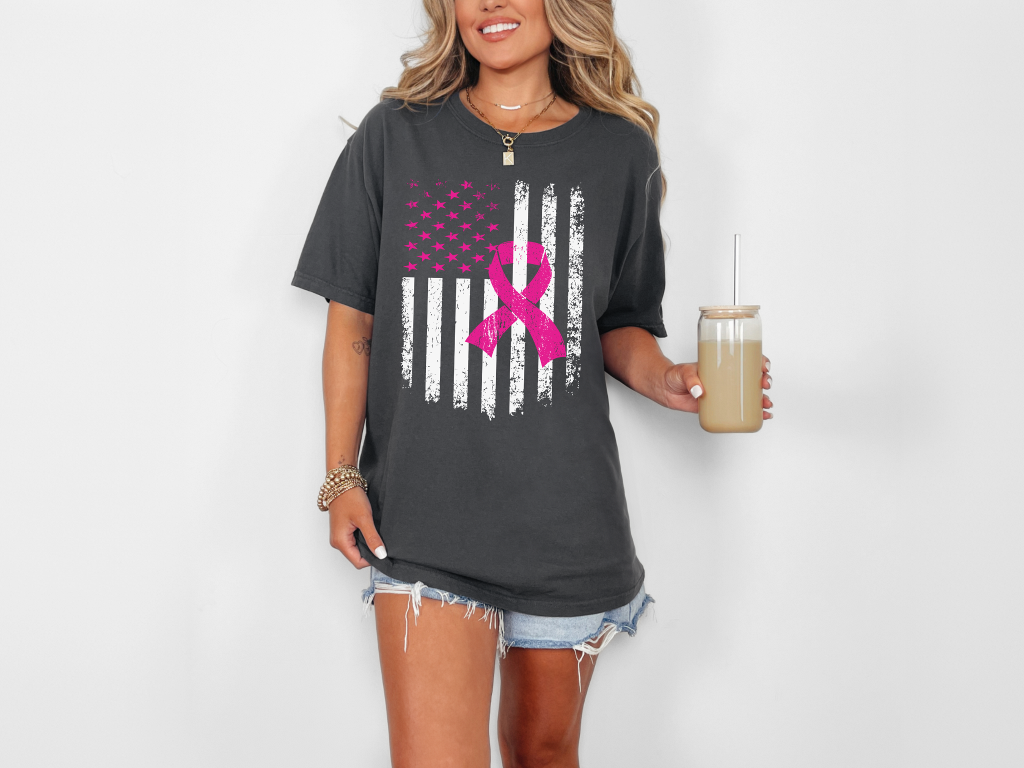 Unisex Breast Cancer Awareness Flag Tee With Distressed US Flag And Pink Ribbon Garment Dyed In Graphite Or Black Coco’s Tee Boutique