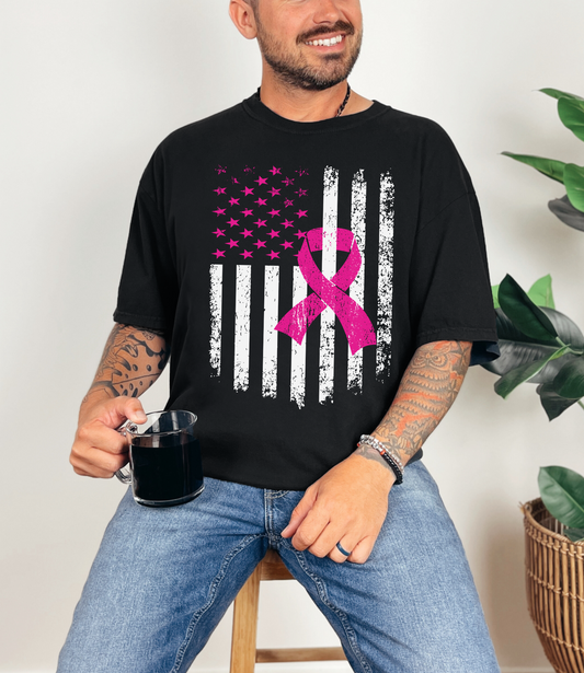 Unisex Breast Cancer Awareness Flag Tee With Distressed US Flag And Pink Ribbon Garment Dyed In Graphite Or Black Coco’s Tee Boutique