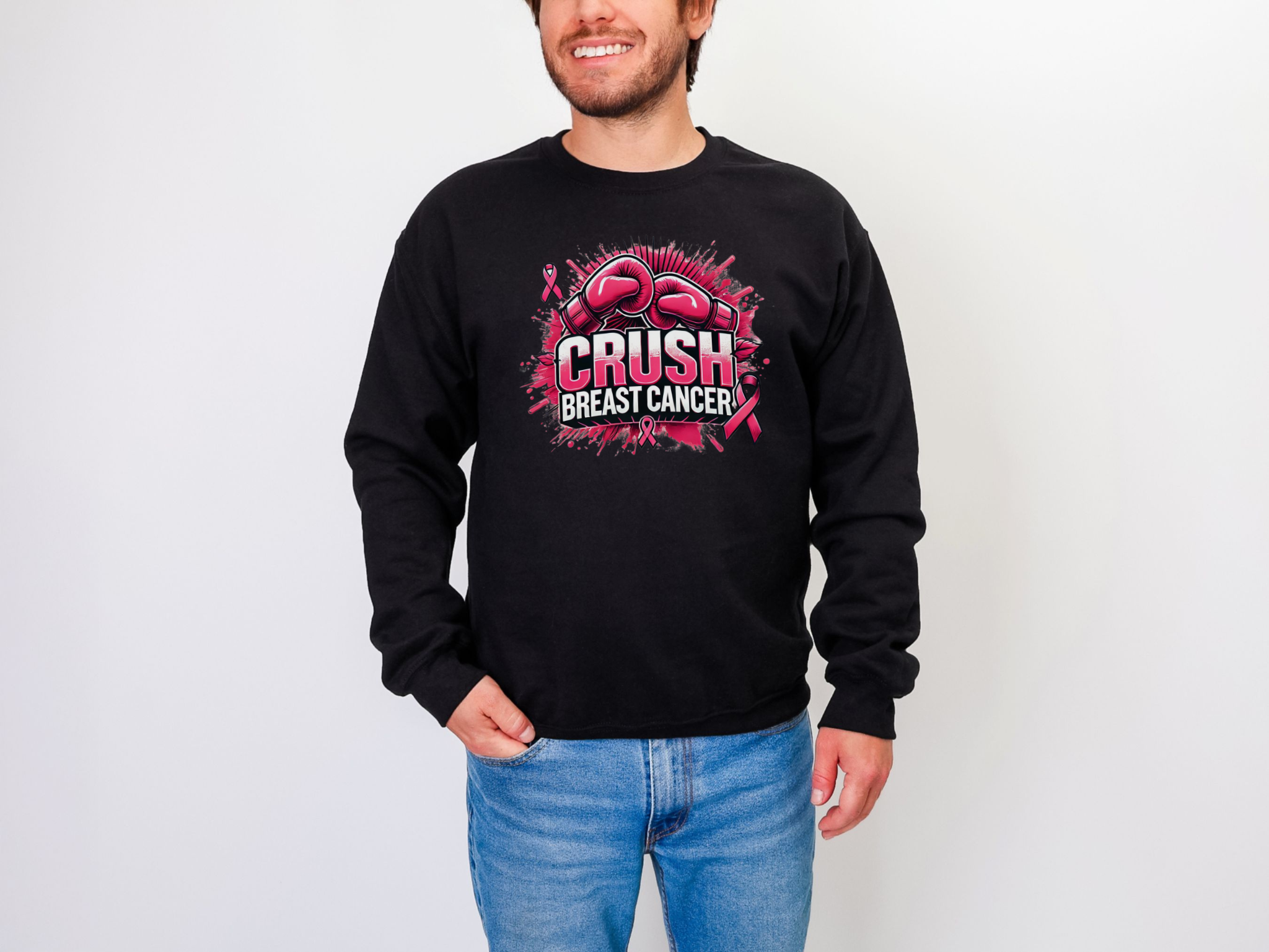 Crush Breast Cancer Awareness Sweatshirt Unisex Crewneck Gildan 18000 With Boxing Gloves Graphic Size S To 4XL Coco’s Tee Boutique