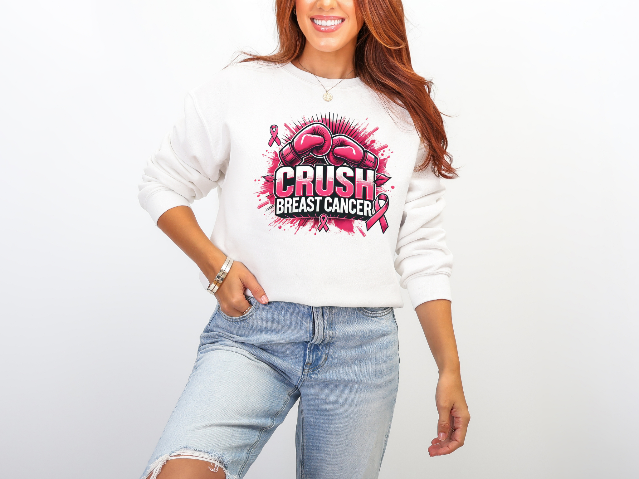 Crush Breast Cancer Awareness Sweatshirt Unisex Crewneck Gildan 18000 With Boxing Gloves Graphic Size S To 4XL Coco’s Tee Boutique