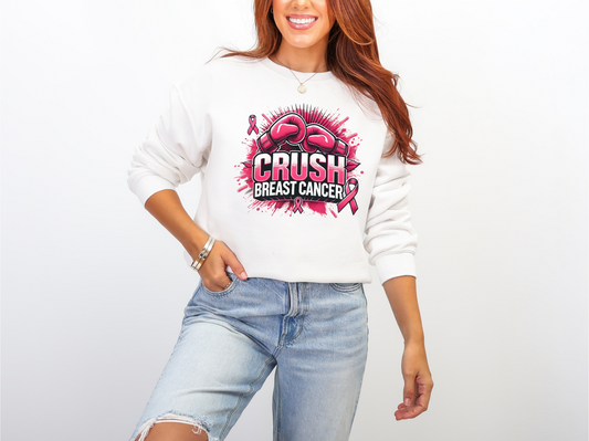 Crush Breast Cancer Awareness Sweatshirt Unisex Crewneck Gildan 18000 With Boxing Gloves Graphic Size S To 4XL Coco’s Tee Boutique