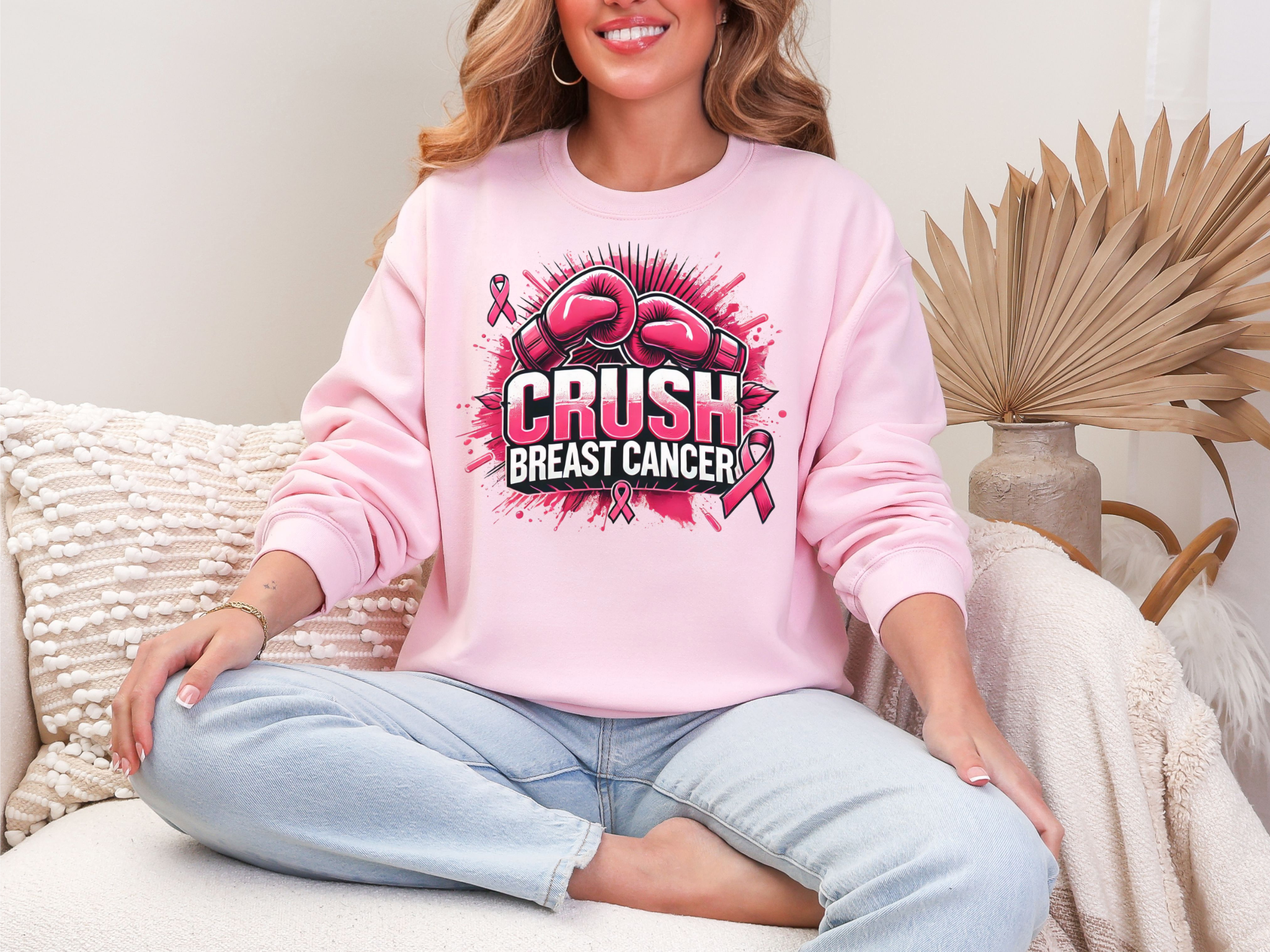 Crush Breast Cancer Awareness Sweatshirt Unisex Crewneck Gildan 18000 With Boxing Gloves Graphic Size S To 4XL Coco’s Tee Boutique