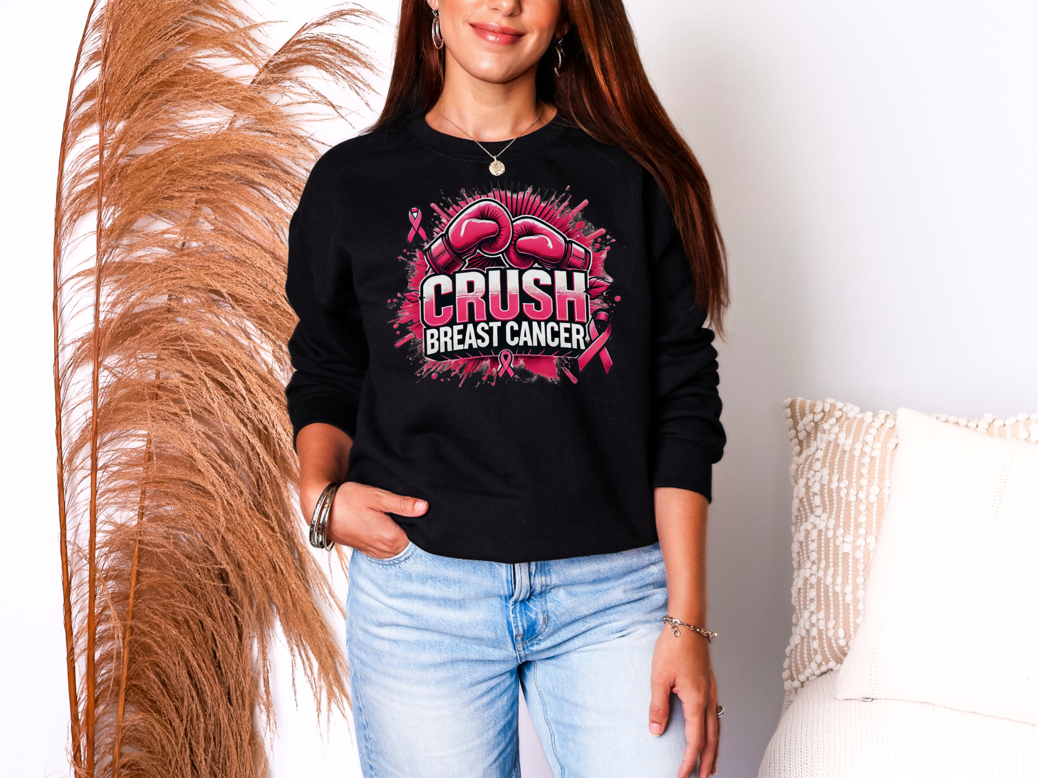 Crush Breast Cancer Awareness Sweatshirt Unisex Crewneck Gildan 18000 With Boxing Gloves Graphic Size S To 4XL Coco’s Tee Boutique