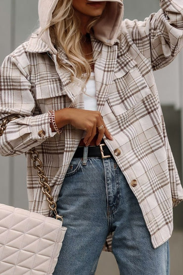 Chic plaid shacket with removable hood and button detail