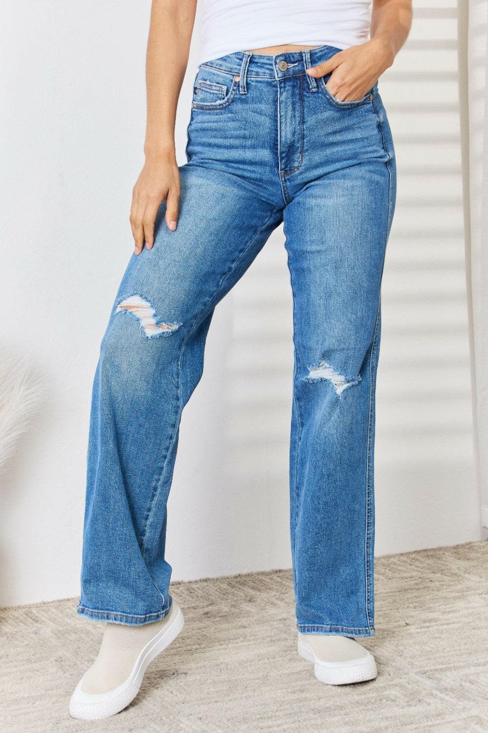 Judy Blue Full Size High Waist Distressed Straight-Leg Jeans.