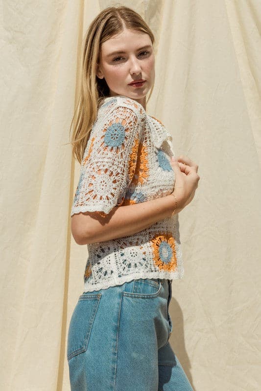 Short Sleeve Button Front Crochet Top.