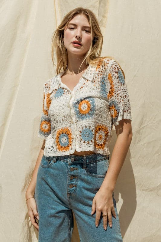 Short Sleeve Button Front Crochet Top.