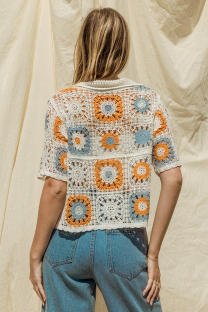 Short Sleeve Button Front Crochet Top.