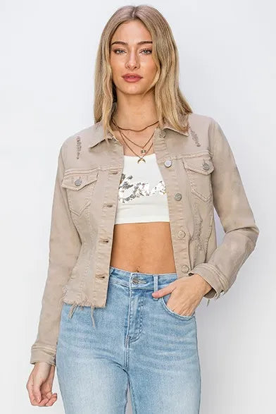 Risen Full Size Raw Hem Button Up Cropped Denim Jacket Plus Size - Love Salve 