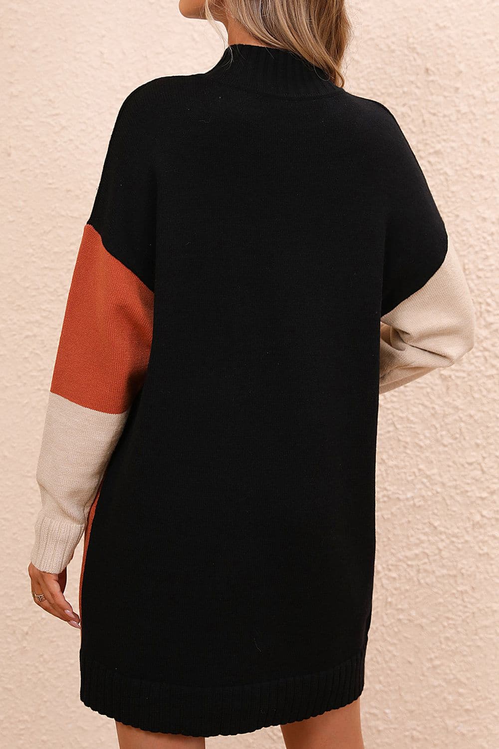 Color Block Mock Neck Dropped Shoulder Sweater Dress.