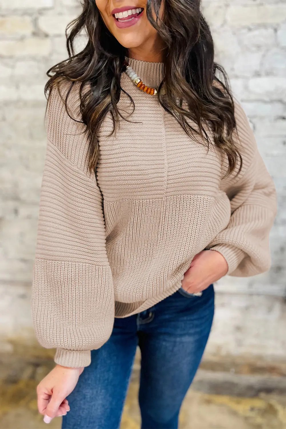 Premium Parchment Mixed Texture Patchwork Knitted Puff Sleeve Sweater Dear-Lover Dropshipping