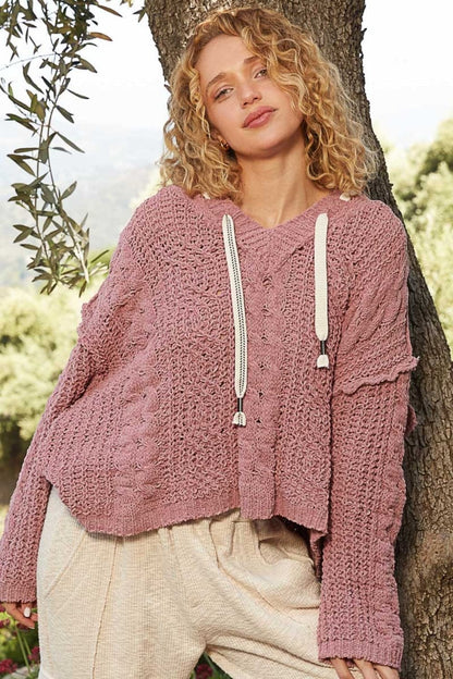 Cozy cable knit hooded chenille pullover sweater