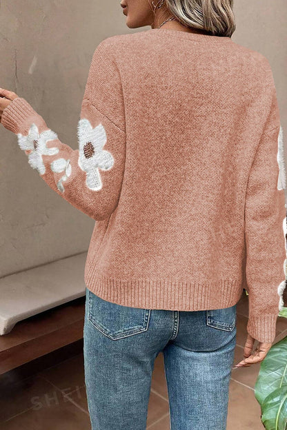 Flower Round Neck Long Sleeve Sweater.