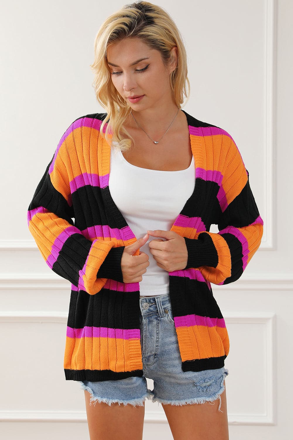 Ribbed Striped Open Front Long Sleeve Cardigan.