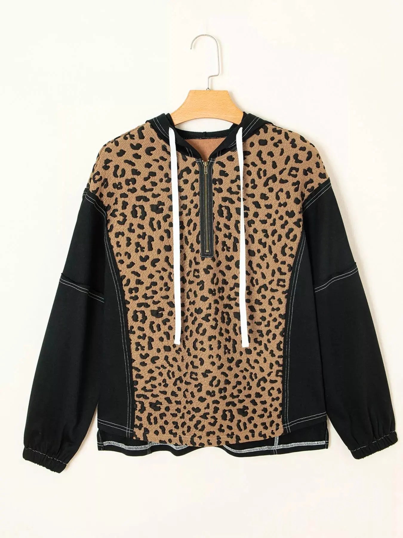 Leopard Patchwork Quarter Zip Hoodie With Contrast Stitching And Knotted Cuffs Simply Love