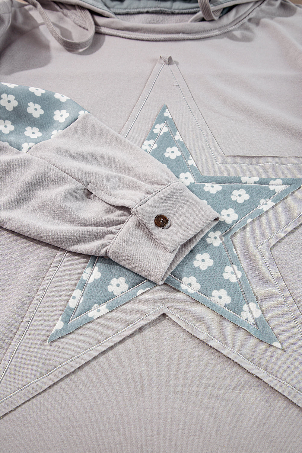 Chic blue floral patchwork hoodie with star accents