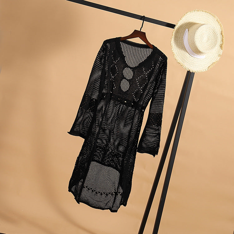 Hollow out Knitted Dress Bell Sleeve Beach Jacket Sexy Beach Cover Up Sun Protection Clothing Swimsuit Outwear Crochet hook Bella Mia