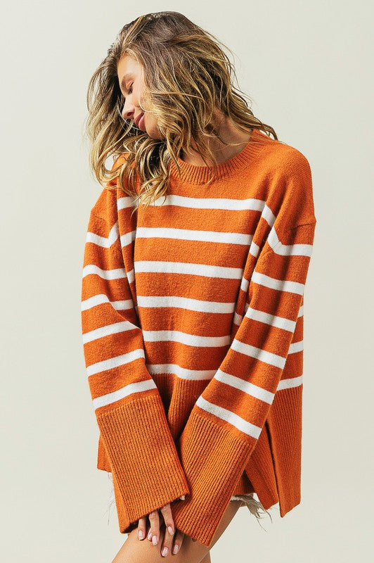 Ribbed hem striped sweater - cozy chic