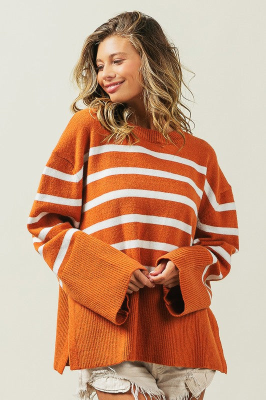 Ribbed hem striped sweater - cozy chic