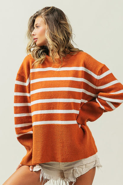 Ribbed hem striped sweater - cozy chic