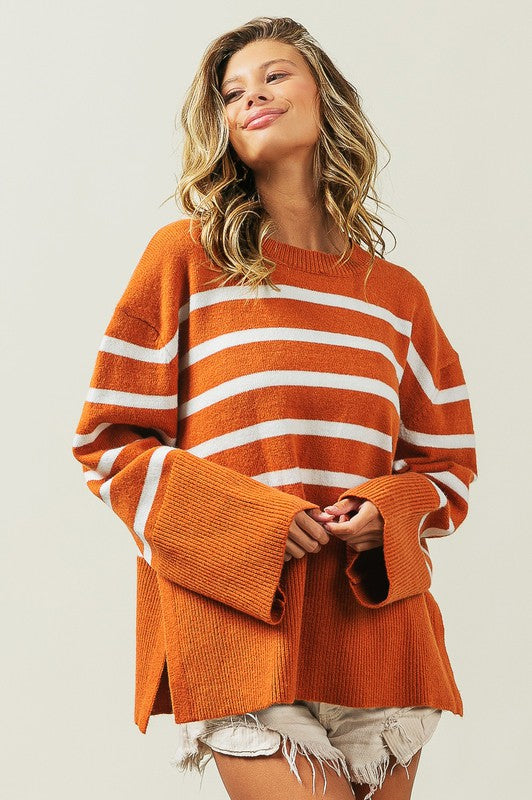 Ribbed hem striped sweater - cozy chic