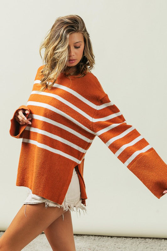 Ribbed hem striped sweater - cozy chic