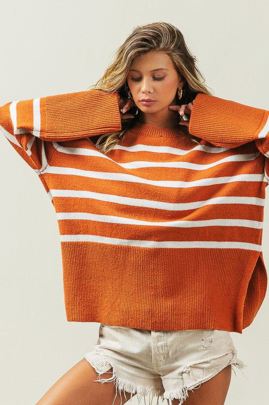 Ribbed hem striped sweater - cozy chic