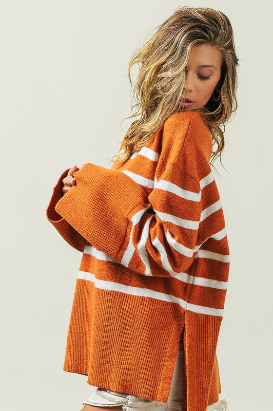 Ribbed hem striped sweater - cozy chic