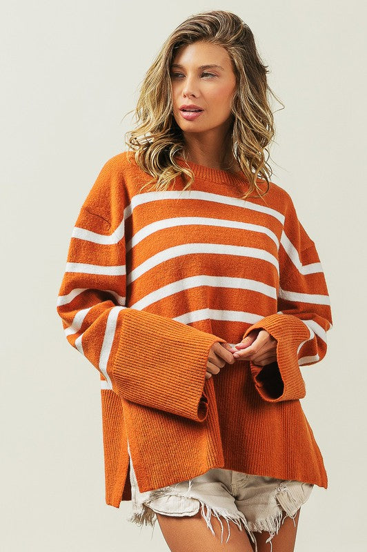 Ribbed hem striped sweater - cozy chic