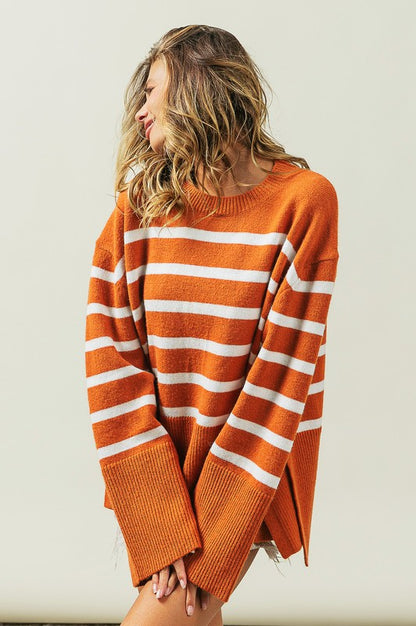 Ribbed hem striped sweater - cozy chic