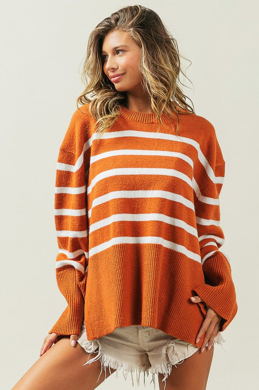 Ribbed hem striped sweater - cozy chic