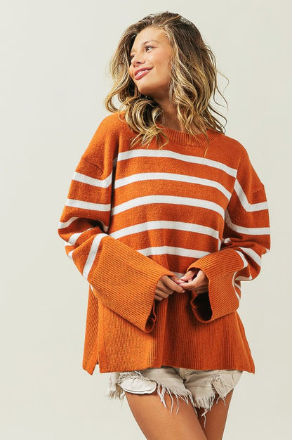 Ribbed hem striped sweater - cozy chic