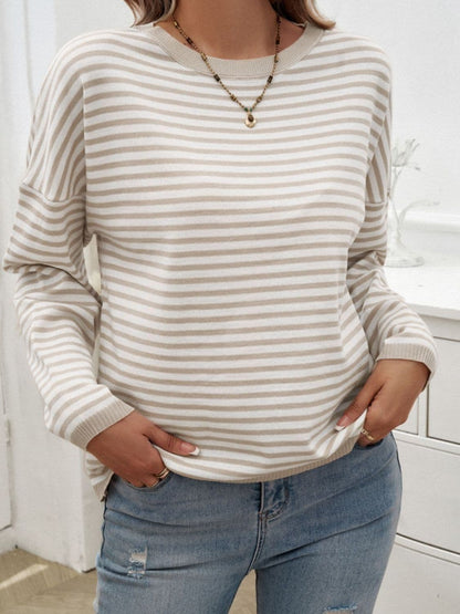 Striped Round Neck Dropped Shoulder Sweater.